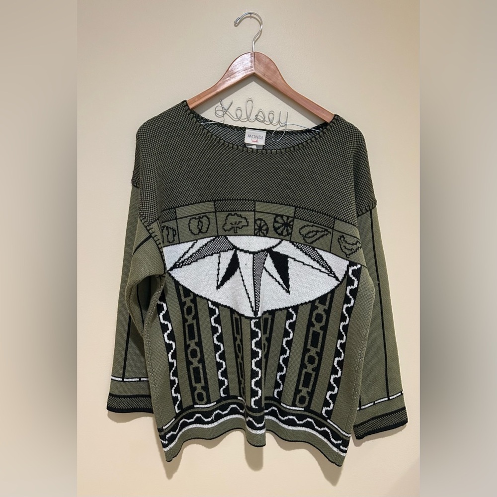 Vintage MONDI Olive & Black Patterned Crewneck Sweater Size XL